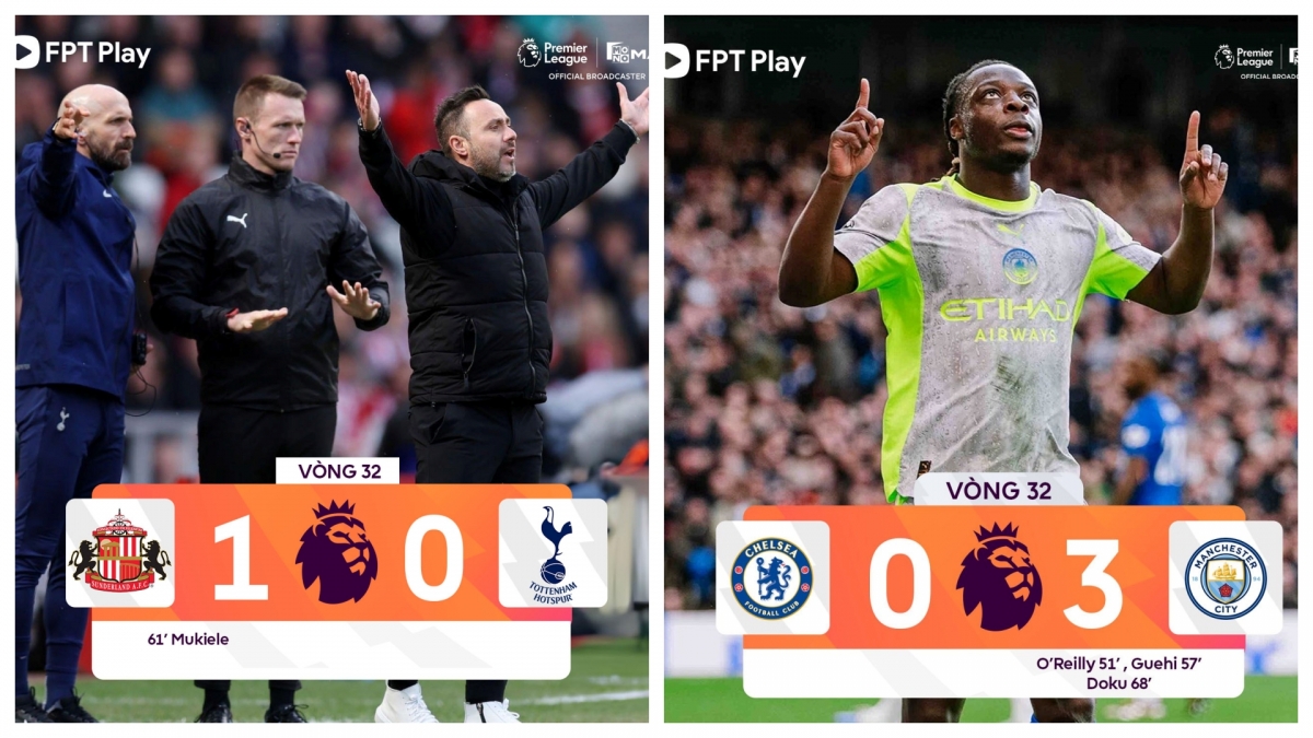 Kết quả vòng 32 Ngoại hạng Anh 25/26: Man City thắng đậm, Tottenham nguy to